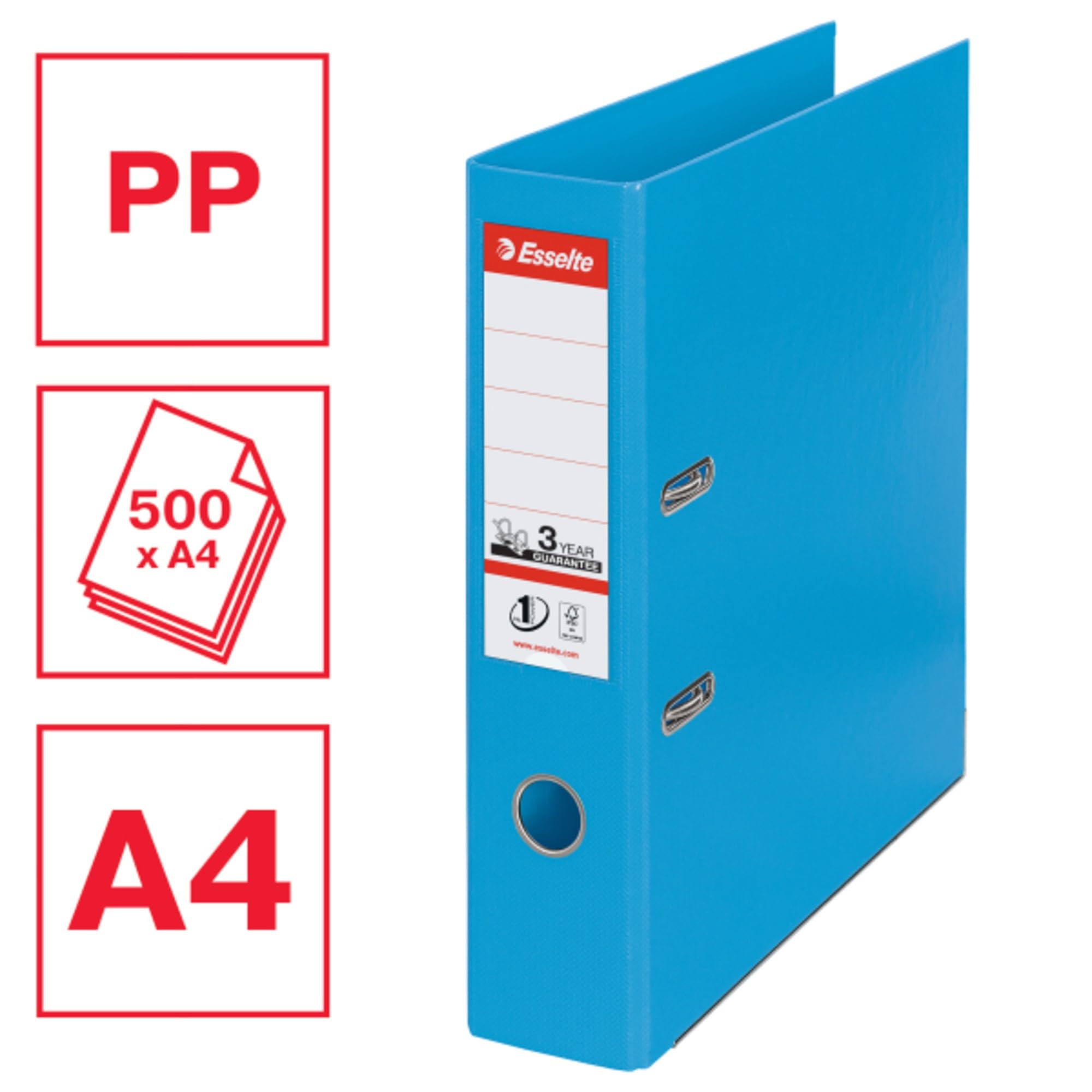 Esselte, Pack 5 Classeurs à levier A4, Dos 75 mm, 500 feuilles, Noir | Pack de 5 classeurs à levier A4, dos 75mm, capacité 500 feuilles, couverture polypropylène, coloris noir.