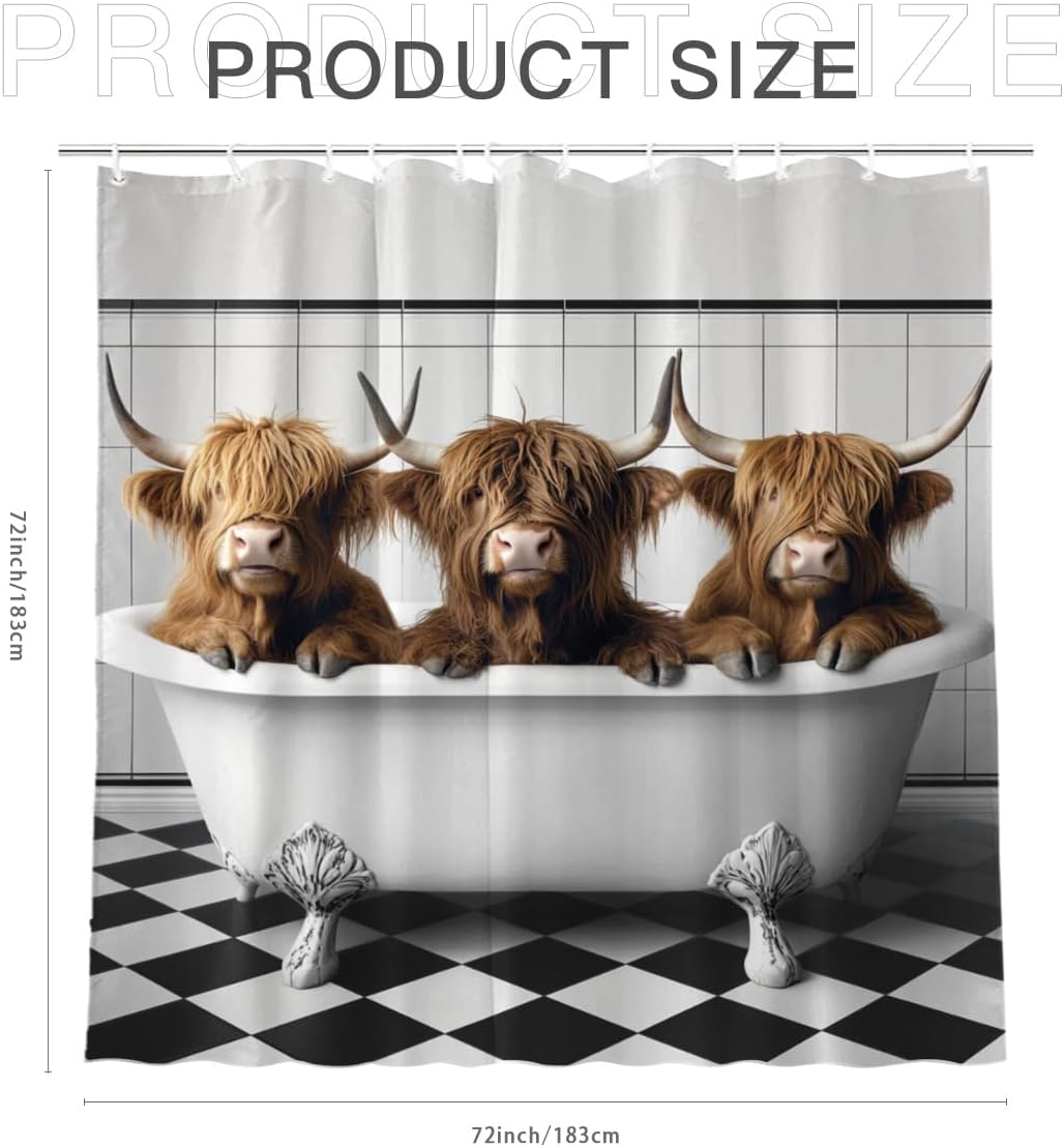 Highland Cow Shower Curtain 72Wx72H Inch Highland Cow Bathing in Bathtub Cute Animal Shower Curtain Bathroom Waterproof Bath Decoration