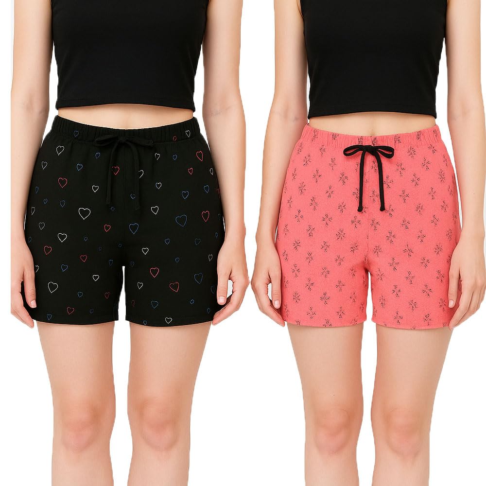 Womens Cotton Regular Fit Printed Shorts For Women Combo Pack Of 2 (Black, Pink)-picture-22