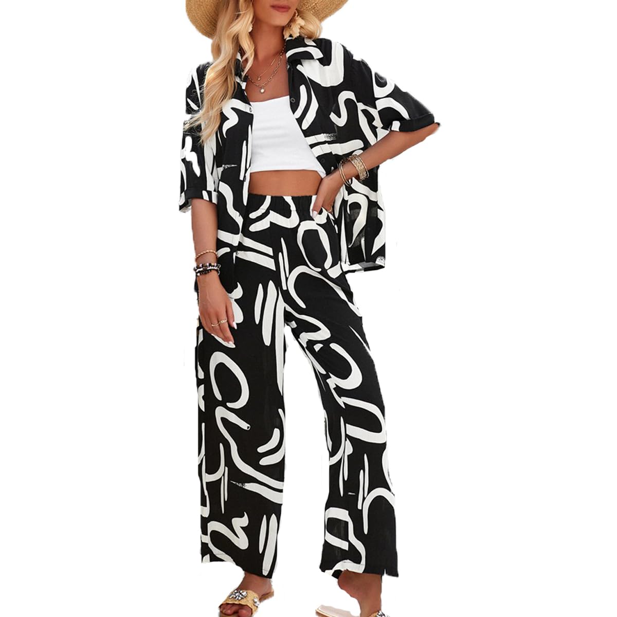 LIAOPUFUS Camisa Estampada para Mujeres Juego de Dos Piezas Camisa de Cinco Puntos y Pantalones Conjunto de Ocio de Temperamento