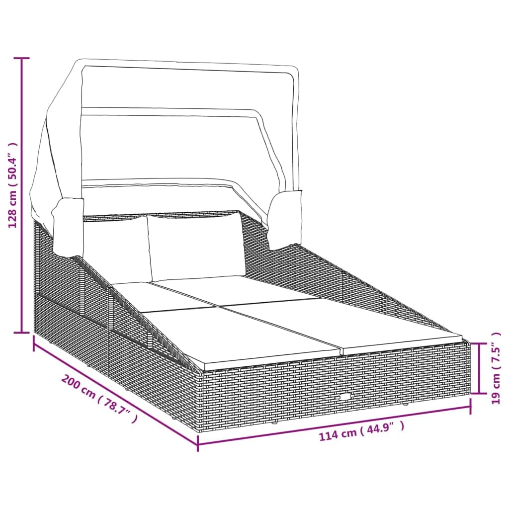 Lettino da giardino con tetto pieghevole, nero, 200 x 114 x 128 cm, in polyrattan, con tetto e protezione solare, per terrazza, balcone, piscina, spa, relax all'aperto