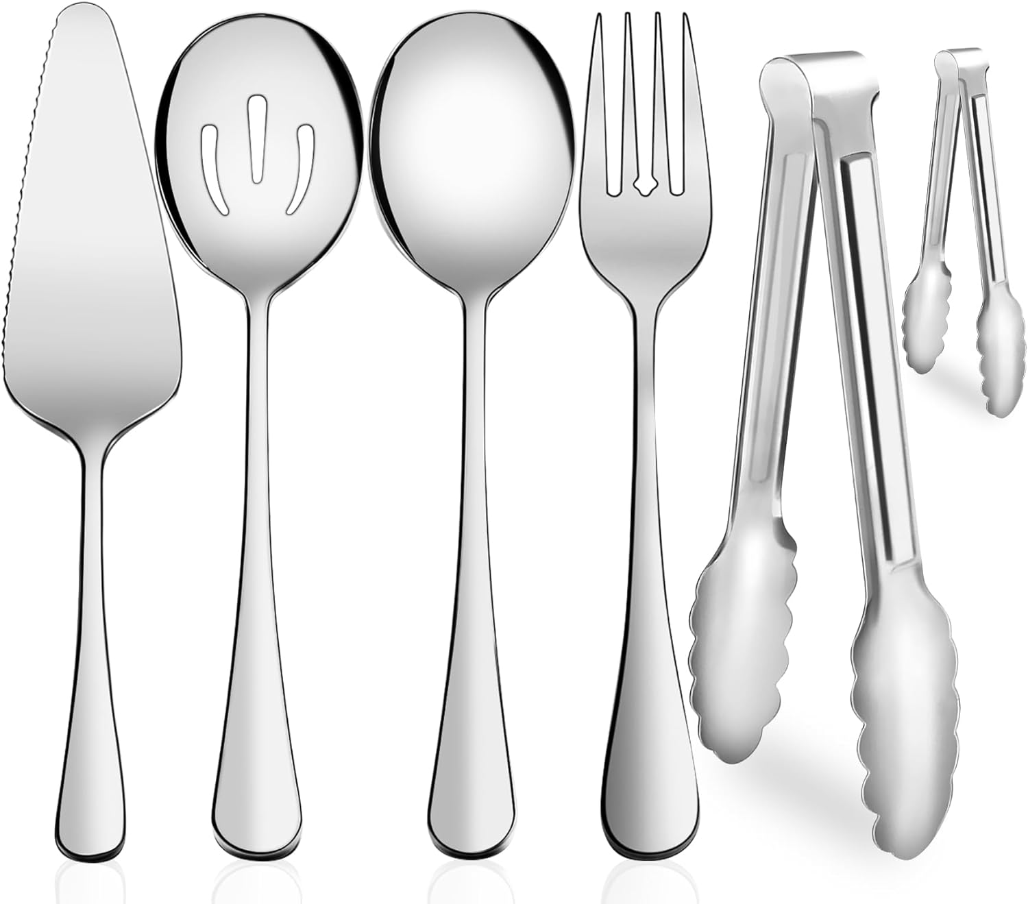 Serving Utensils, XEVOM 6-Piece Stainless Steel Serving Utensil Set Include Serving Spoon, Slotted Serving Spoon, Serving Fork,Serving Tong, Appetizers Tong,Pie Server (Silver), Regular
