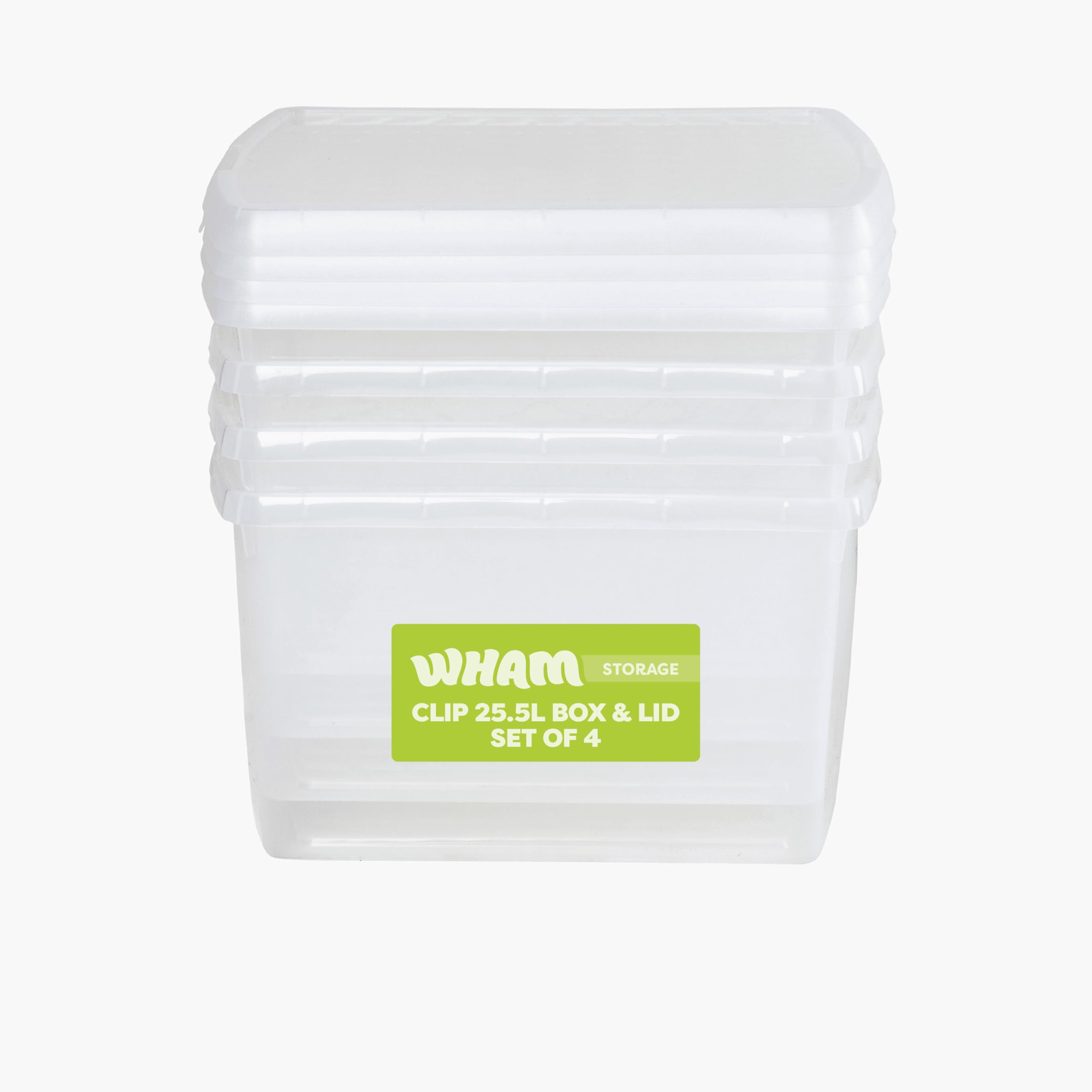 Wham Clip 4 x 25.5L Square Stackable Plastic Storage Boxes with Lids | Ideal for Home, Office, Toys & More | Storage Containers with Clip Locks | Made in UK - Clear/Clear