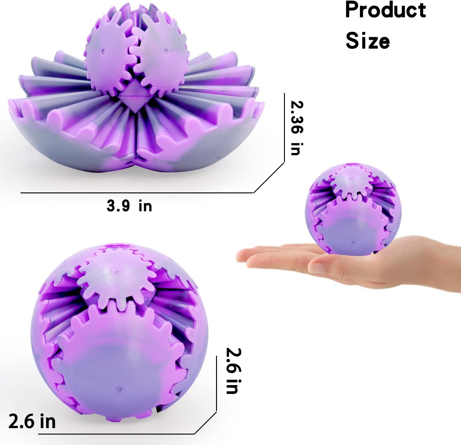 4PCS Gear Ball 3D Printed Spin Ball or Cube Fidget Toy, 2.6 Inch Gear Sphere Fidget Toy,Fidget Gear Sphere Toy for Stress and Anxiety Relief, Gear Sphere Desk Toy for Adults & Kids