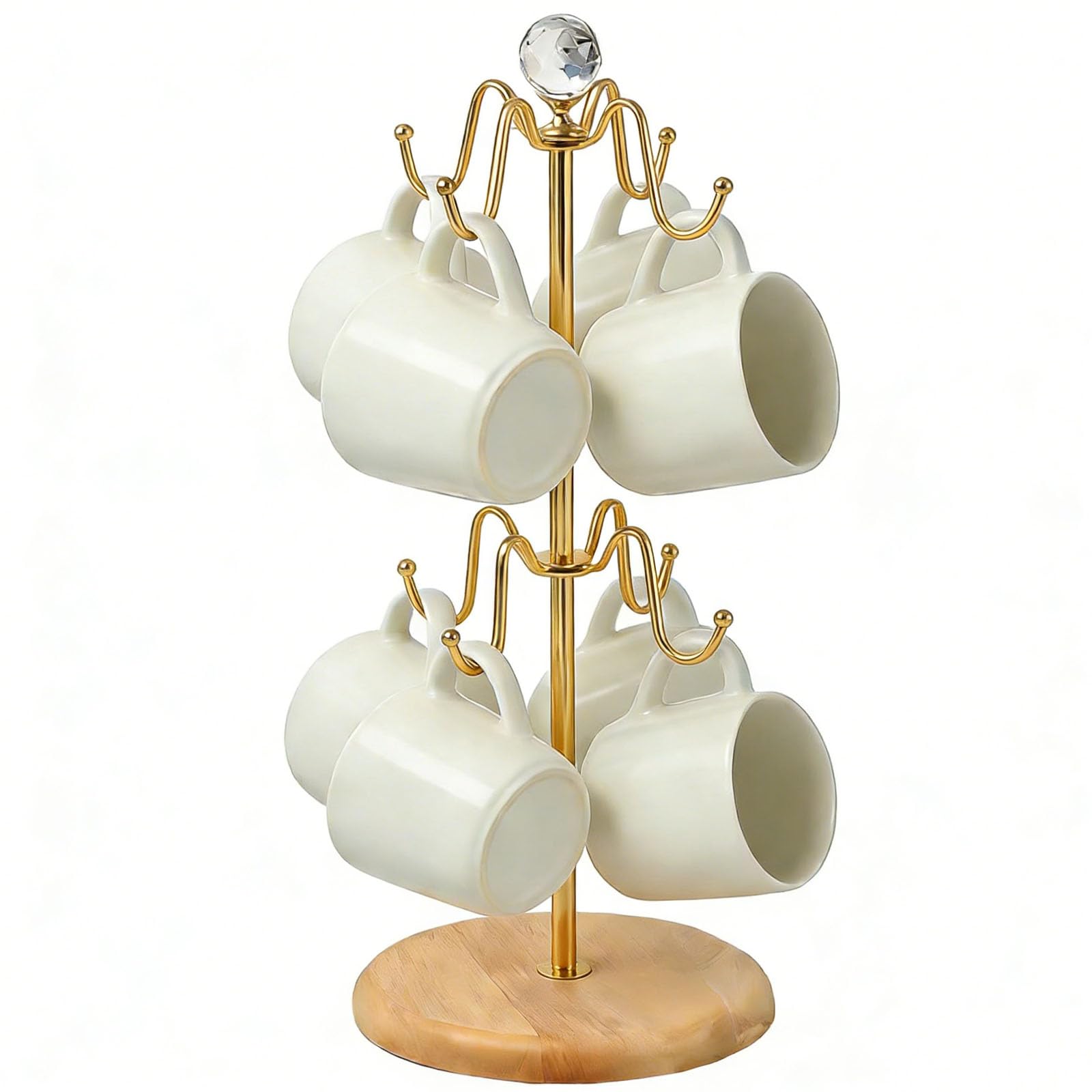 ZBELLO Mug Rack with 8 Metal Hooks, Non-Slip Iron Mug Holder with Weighted Wooden Base, Crystal Coffee Cup Rack for Kitchen Countertop, Coffee Shop Display (Gold)