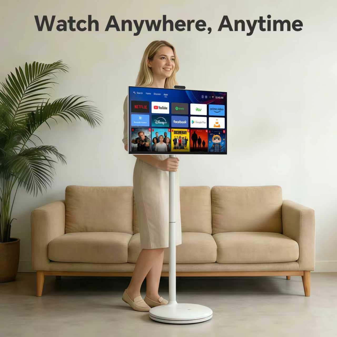 27 Inch Portable TV FHD 1080P Smart Touchscreen Monitor, Android Rolling TV with Detachable Magnetic Camera, 20W Speakers, Rechargeable Battery, Full Swivel Rotation, Built-in Voice Remote