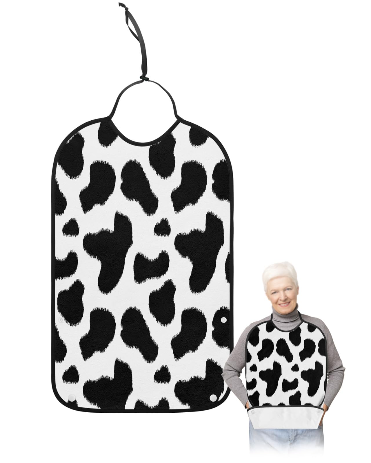 YOUNGKIDS Black Cowhide Cow Adult Bibs for Eating, Waterproof Washable Adult Bib for Elderly Women Man, Skin Look Reusable Clothing Protector with Detachable Crumb Catcher - Unisex
