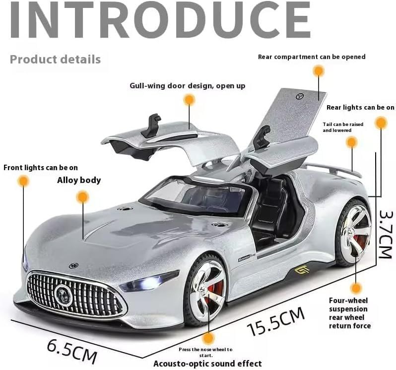 Image of 1 /32 Merceedes Vision AMG GT Future Model Car - Exclusive Alloy Metal Pullback Toy with Openable Doors, Lights, and Music for Kids (1:32 Merceedes Vision - Silver)