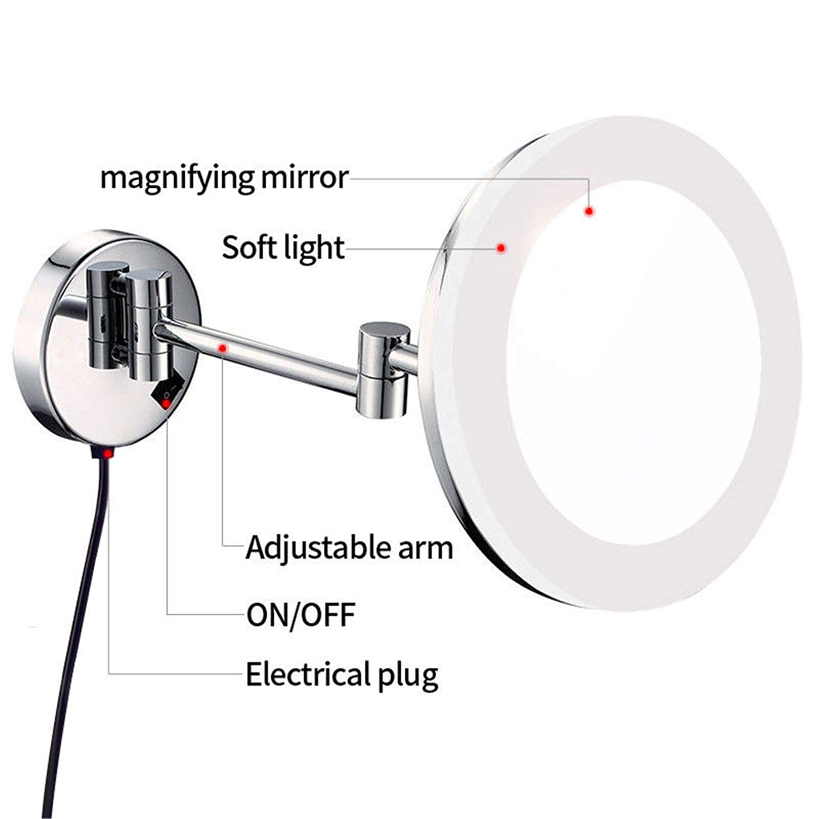 Espejo de Maquillaje de latón de 8 Pulgadas con luz LED 3X/5X/7X/10X Espejo de Aumento Baño Cromo Extensible Montado en la Pared Espejo de Afeitar con Interruptor de Enchufe 7X (Color : 5X)