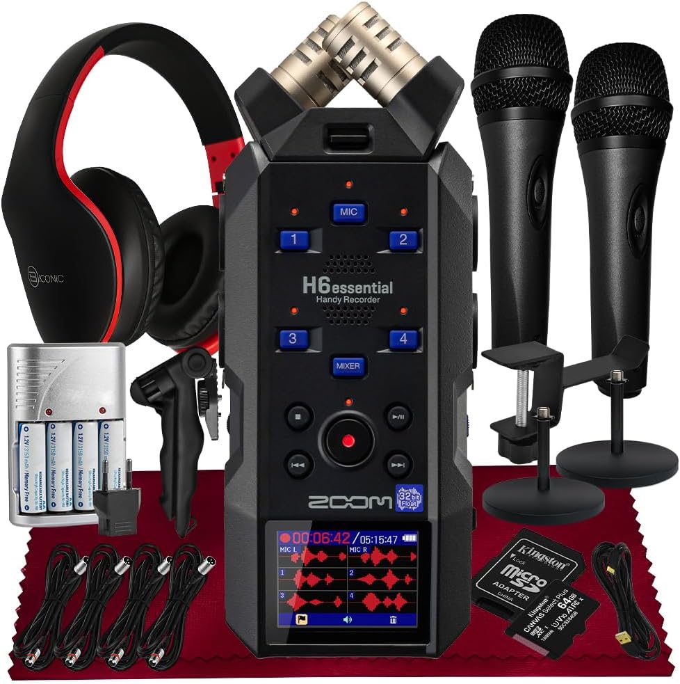 Zoom H6essential Portable Studio Recorder, H6E 32-Bit Float, 6-Track Recorder, 4XLR/TRS - 64GB SD, Tripod, Handheld Mic, XLR Cable, Rechargeable Batt & More for Musician Podcaster Filmmaker