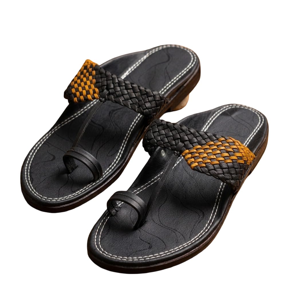 Stylish Men's Black & Brown Braided Ethnic Chappals | Comfortable Daily Wear Kolhapuri Sandals-image-27