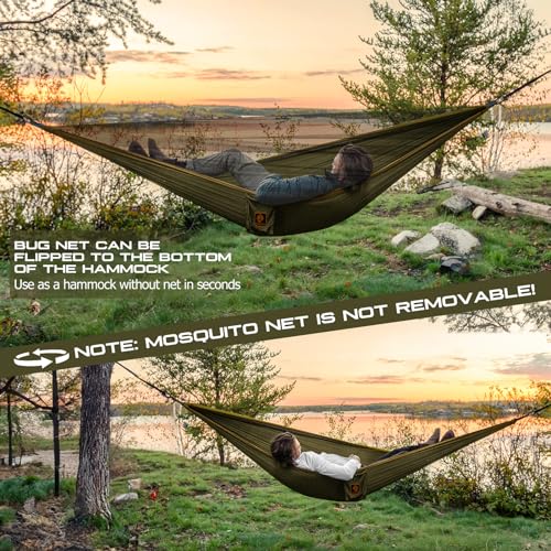 Camping Hammock, Portable Hammocks with Mosquito Net,Lightweight Nylon Parachute Hammock with 10ft Tree Straps,Camping Gear Must Haves for Travel Hiking Backpacking Beach Patio-Green&Khaki - Image 4