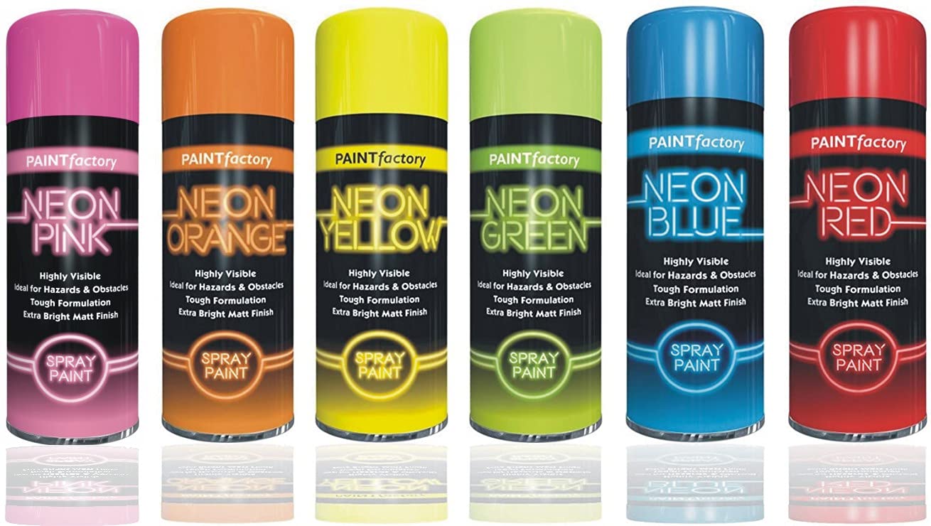 HitlineUK Neon Spray Paint 6 CANS OF FLUORESCENT NEON SPRAY CAN PAINT 200ML GRAFFITI EXTRA BRIGHT Yellow Pink Orange Green Blue Red