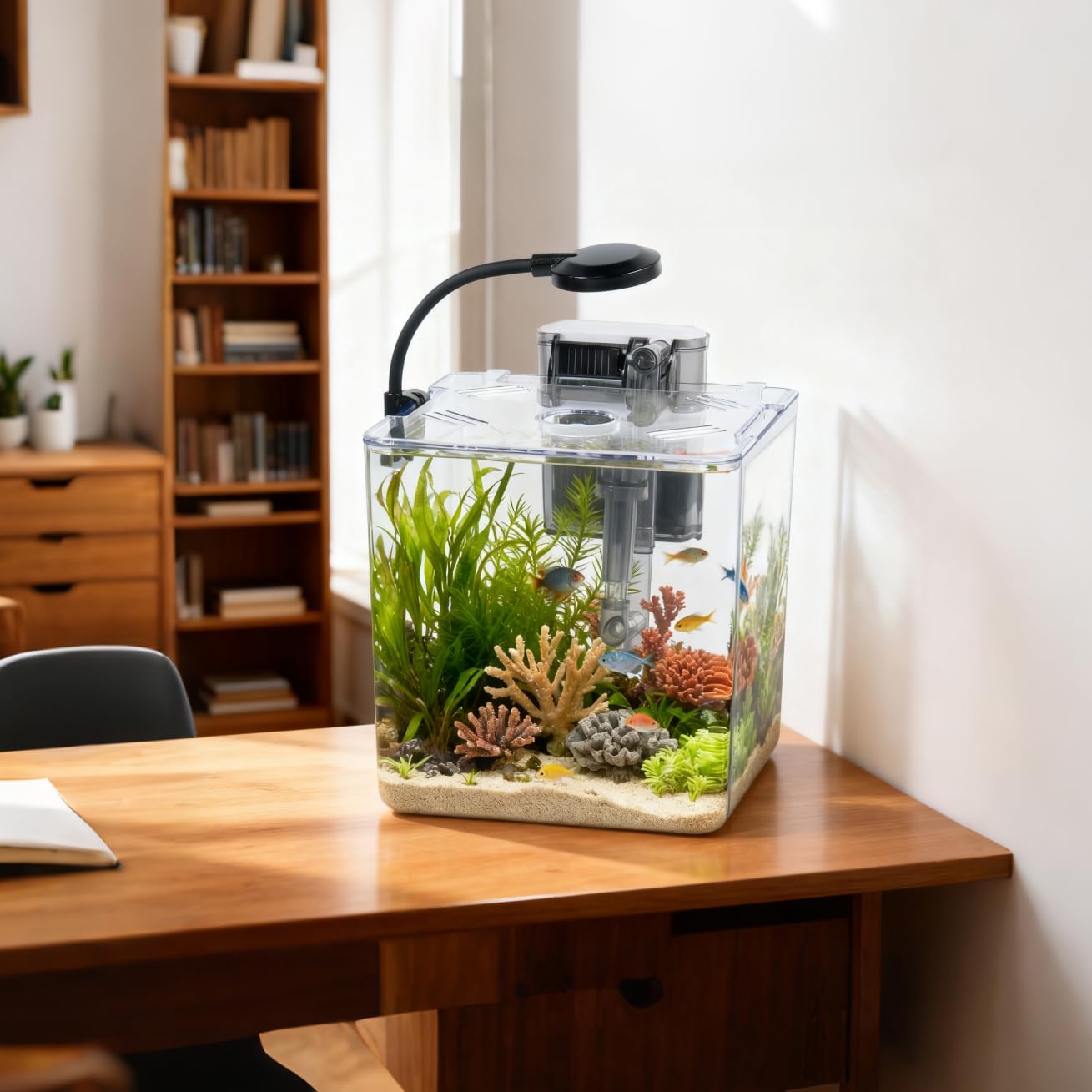 Set de acuario de 5 l para principiantes, 18 x 18 x 18 cm, mini acuario de plástico con lámpara LED y filtro USB, 5 l