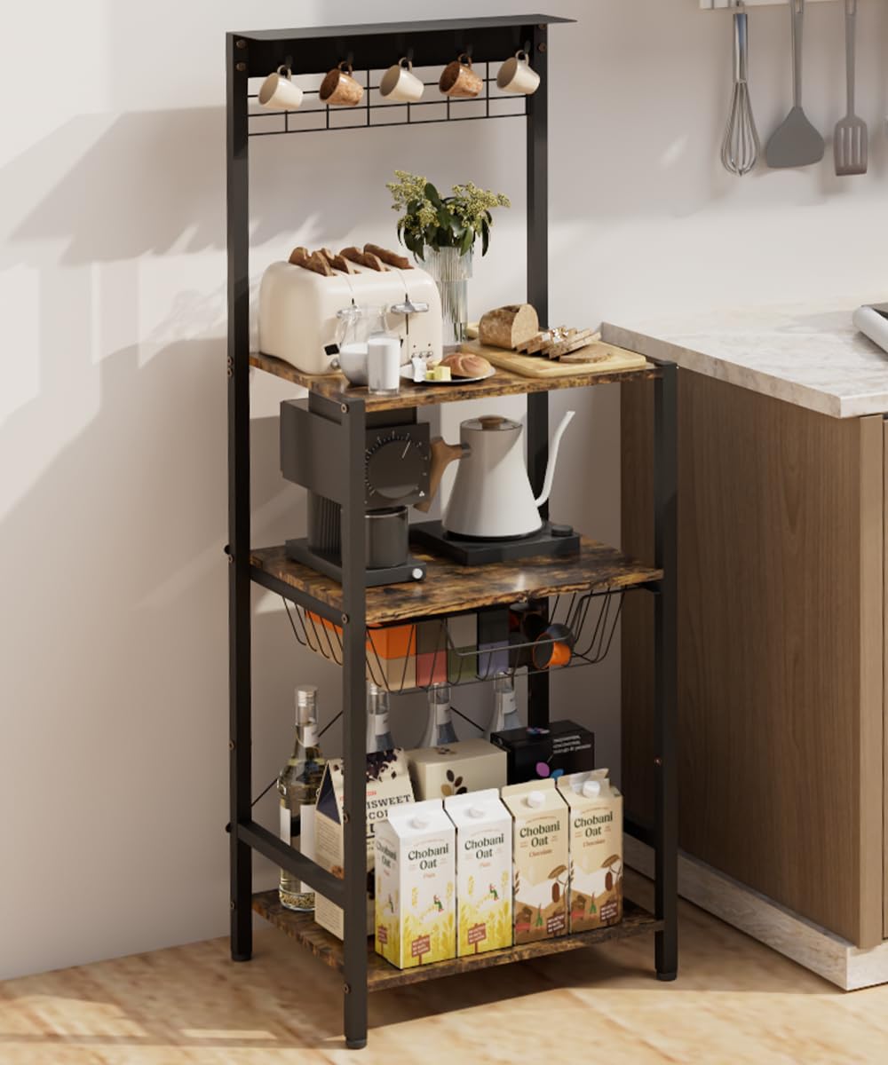 Kaffee-Bar-Station mit 4 Etagen, Eck-Bäckerregal mit 5 Haken und Drahtkorb, Kaffeebereiterständer für kleinen Raum, Küchenständer für Eingangsbereich, Wohnzimmer, Café, Schwarz, 41,9 x 33 x