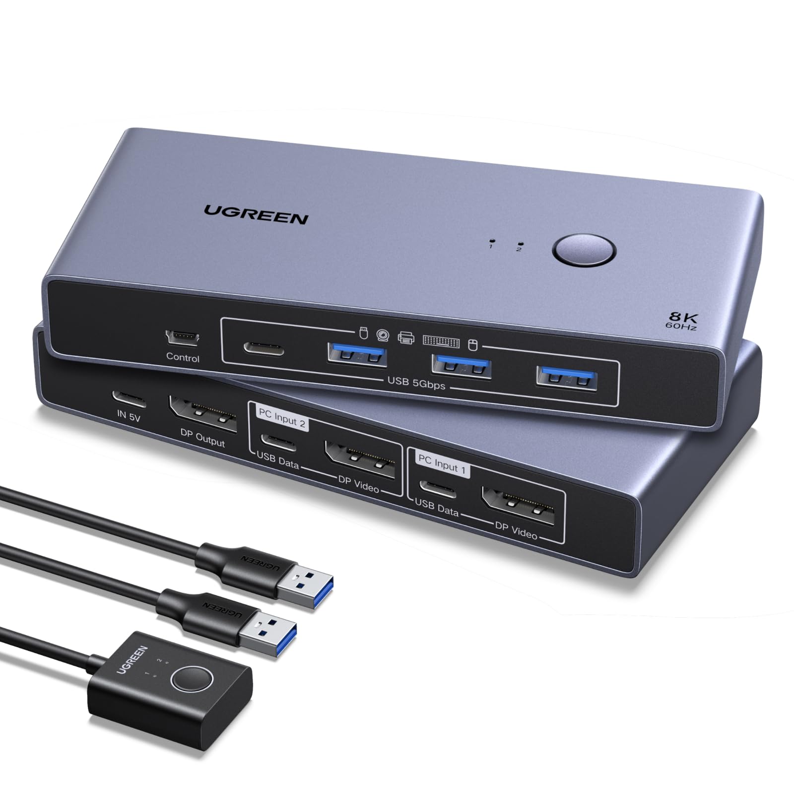 UGREEN DP 1.4 KVM Switch 8K@60Hz 2 PC 1 Monitor mit 4 USB 3.0 Ports | KVM Switch 8K60Hz 4K240Hz 4K120Hz kompatibel mit Windows, MacOS und Linux