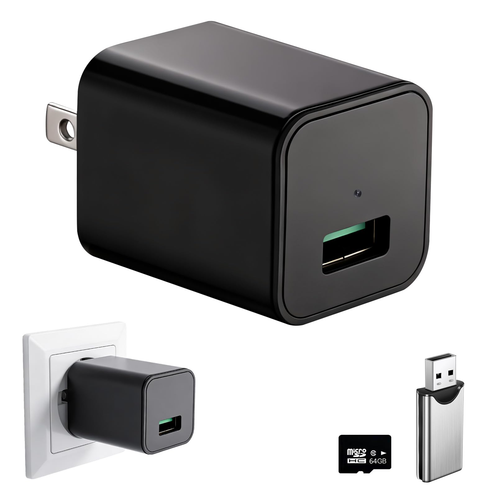 Mini Camera with 64G Card 1080P Small Security Camera Charger with Motion Detection for Indoor No WiFi
