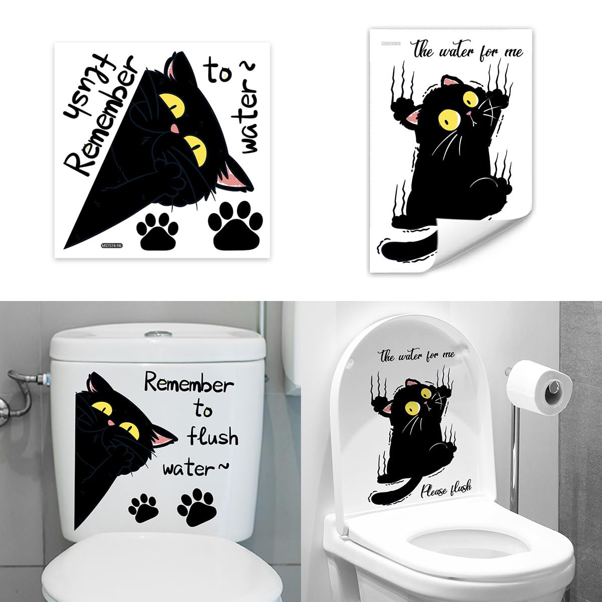 Funny Black Cat Toilet Sticker, Bathroom Wall Decal, PVC Waterproof Removable, Remember to Flush Design, 2 Sheet