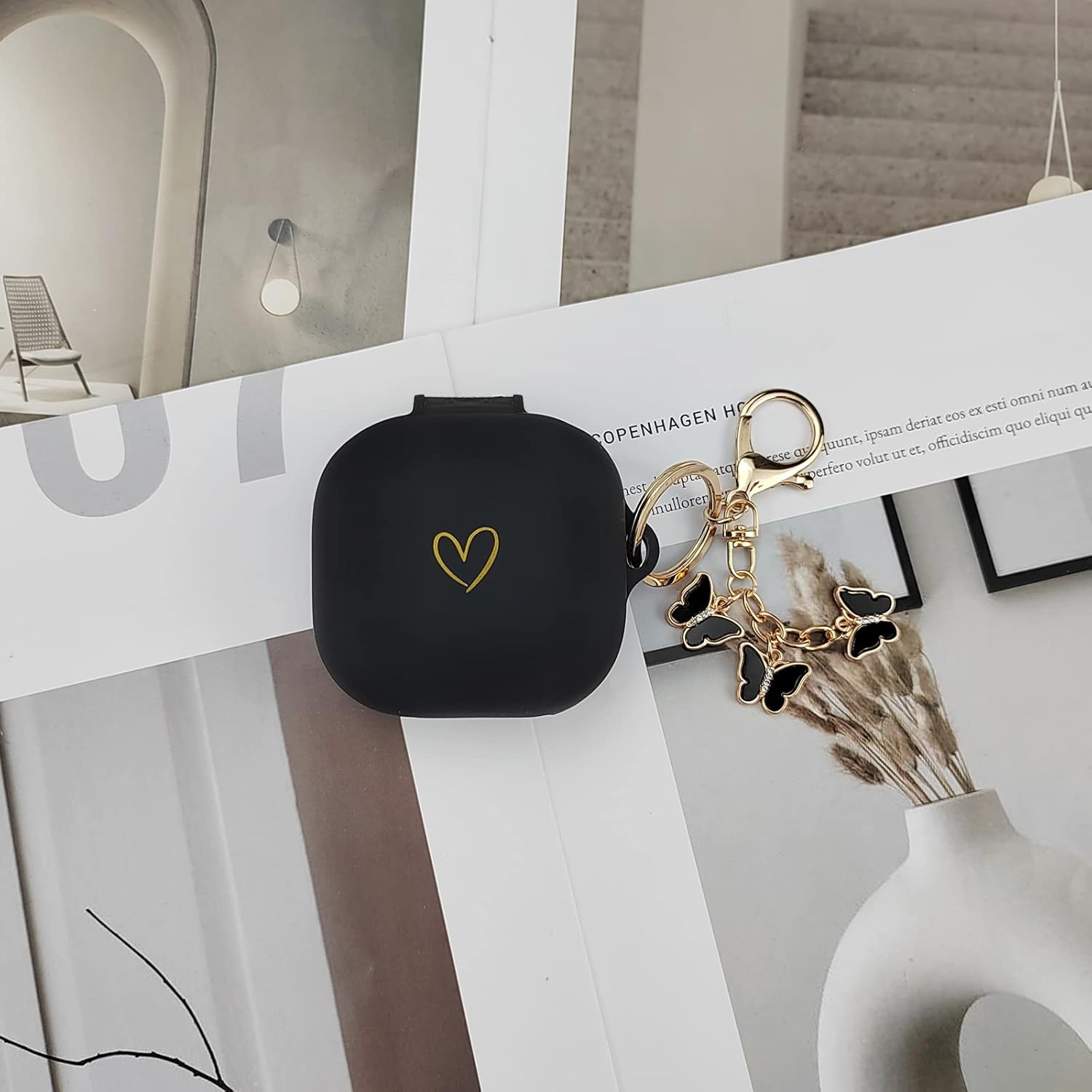 Compatible with Beats Fit Pro 2021, Soft Silicone Case with Gold Heart Pattern for Beats Fit Pro Case with Cute Butterfly Keychain for Girls Women (Black) - Image 5