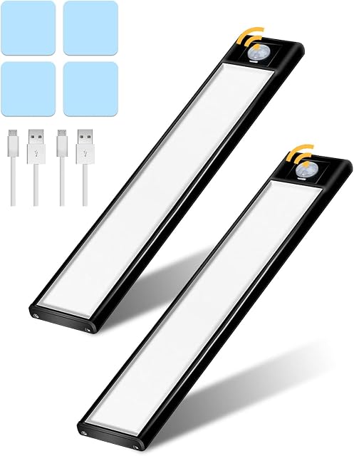 Trongle Under Cabinet Lights, Wardrobe Lights Motion Sensor 31 LEDs with Stepless Dimming, USB Rechargeable Cupboard Lights with Magnetic Stickers, Portable Kitchen Lights Stairs Garage(20cm, 2 Packs)