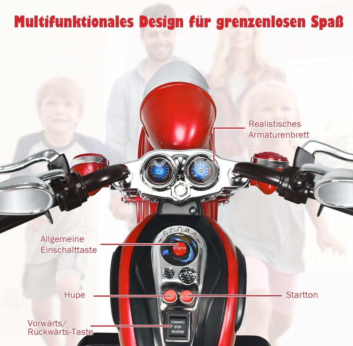 FANTASK 6V Elektro Motorrad Kinder 2,5-3 km/h, Geschwindigkeit KinderMotorrad mit verstellbaren Scheinwerfer Rot, Dreirad Elektromotorrad mit Sound, Hupe, Rückspiegel, Pedale
