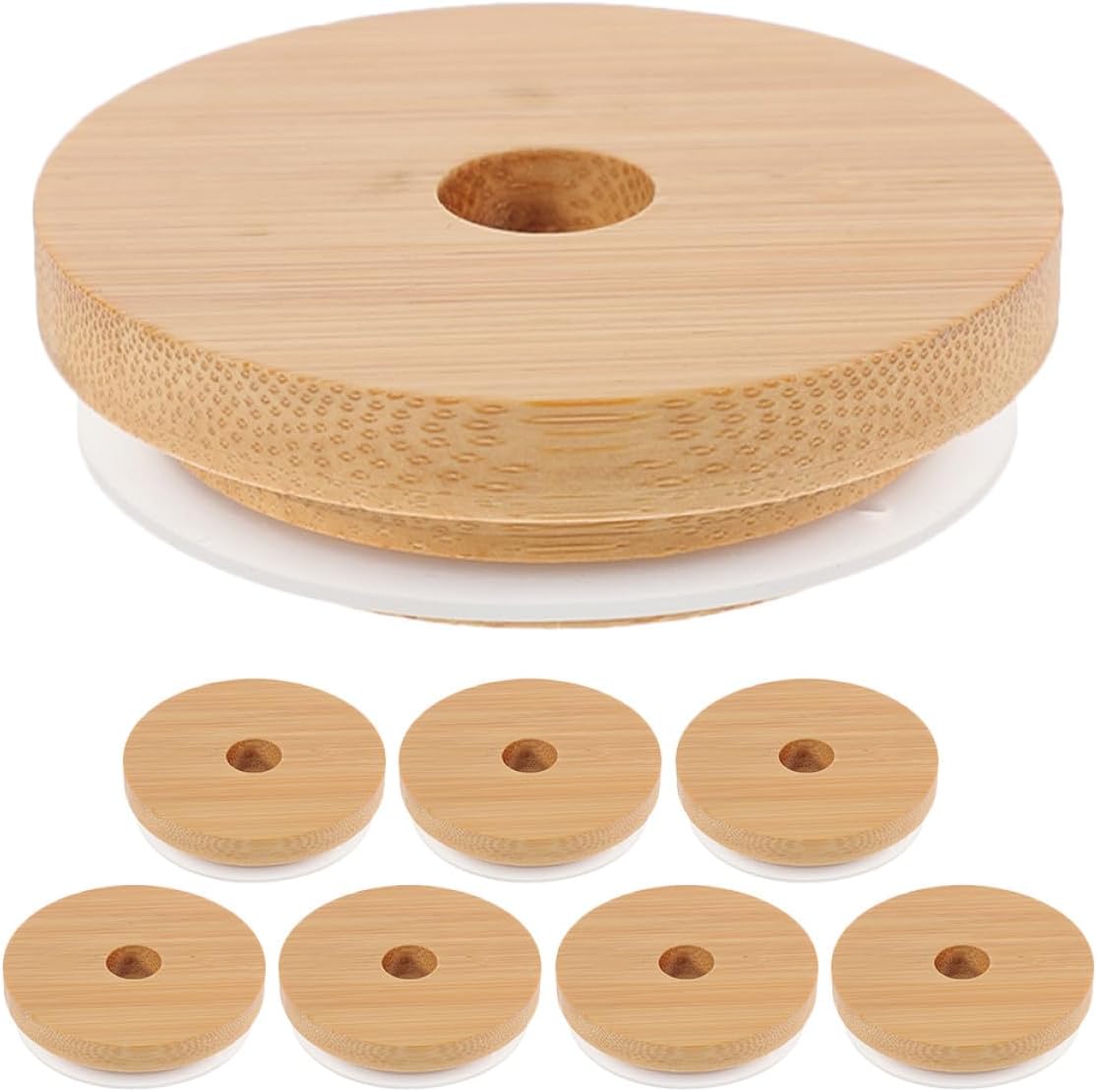 Cabilock 8pcs Wide Mouth Reusable Jar Covers with Straw Hole, Wood Grain Sealing Lids with Silicone Gasket, Mason Jar Lid Set for Canning and Beverage Storage
