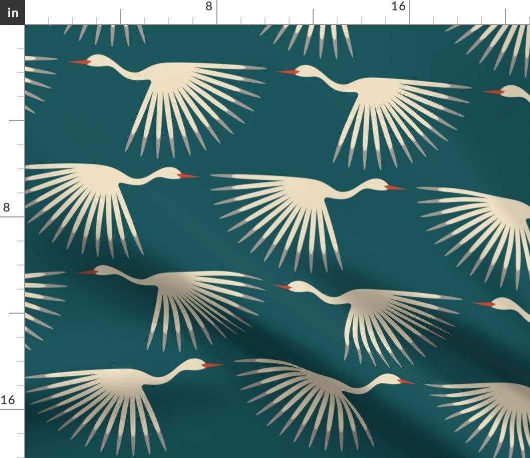 Spoonflower Fabric - Birds Teal Art Deco Crane Fly Long Neck Wings Sunburst Animal Swan Printed on Petal Signature Cotton Fabric Fat Quarter - Sewing Quilting Apparel Crafts Decor