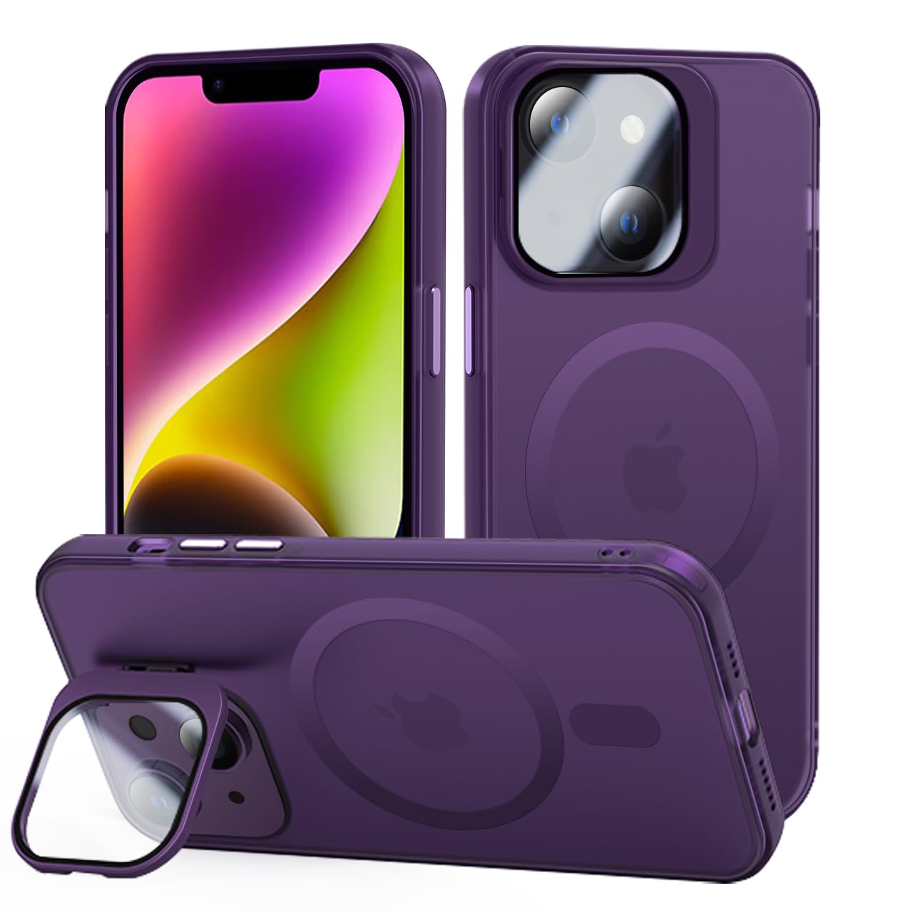 tigratigro Cover con Cavalletto,Compatibile con iPhone 13/14,Protezione Fotocamera H9 vetro temperato,Custodia Posteriore Glassata Traslucida, Anti-Impronte,Sensazione di Velluto (Viola Scuro)