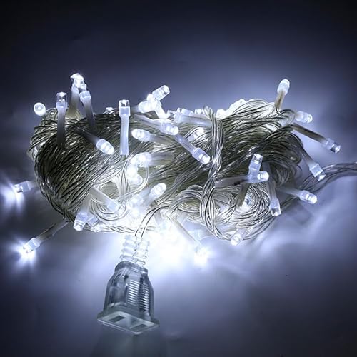 Generico LUCE LED 100L BIANCO – Catena Luminosa Bassa Tensione 32V AC/DC Inclusa, 8 Modalità, Filo Trasparente, 5m + 5m, Uso Esterno I-50202