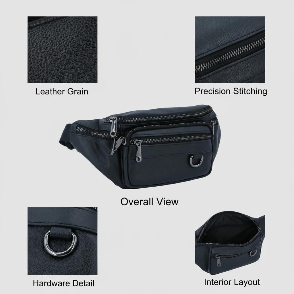 Leather Waist Pack for Men, Large Belt Bag with Multiple Compartments, Adjustable Strap up to 47.2 Inches, for Everyday Use, Hiking, Cycling, Fishing (Black)