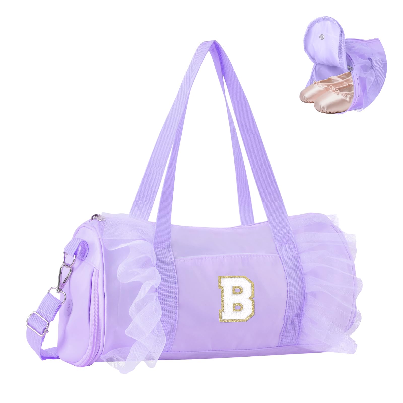 Personalized Initial Dance Bag for Girls 4-6, Small Lace Gym Sport Yoga Cheer Dance Bags Gift for Teen Girls, Cute Letter Kids Ballet Bag Toddler Travel Duffel Tote with Adjustable Straps(Purple-B)