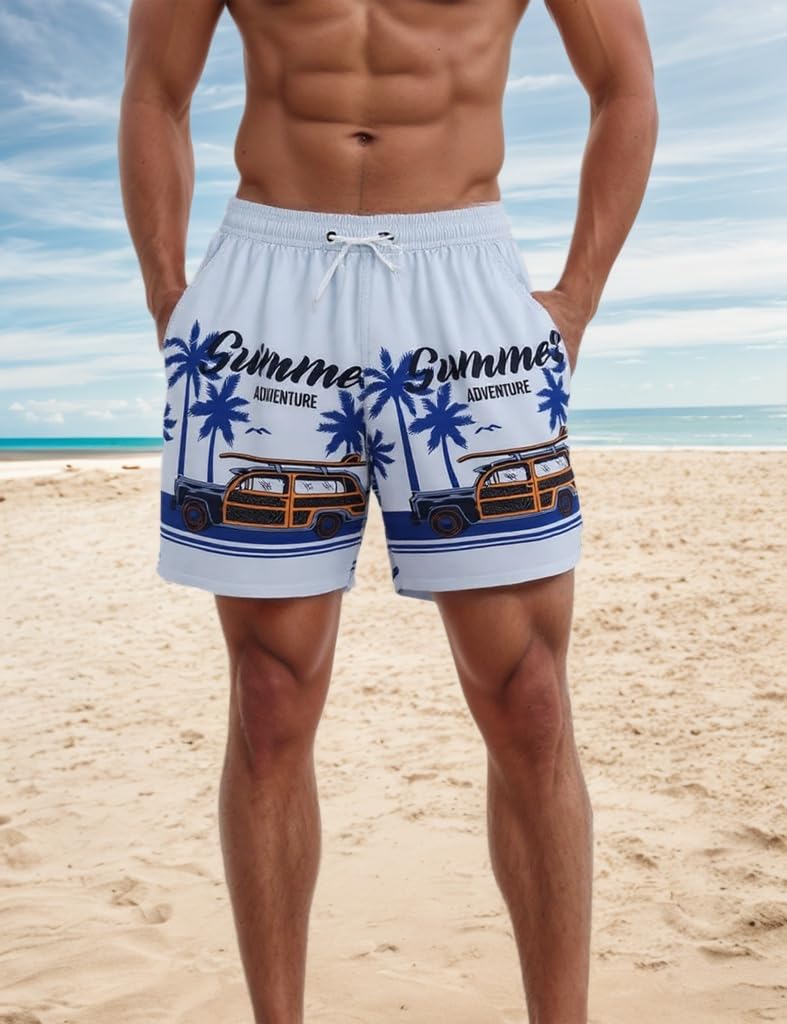 Men's Swim Trunks Quick Dry Beach Elastic Waist Swimsuits Board Shorts with Pockets