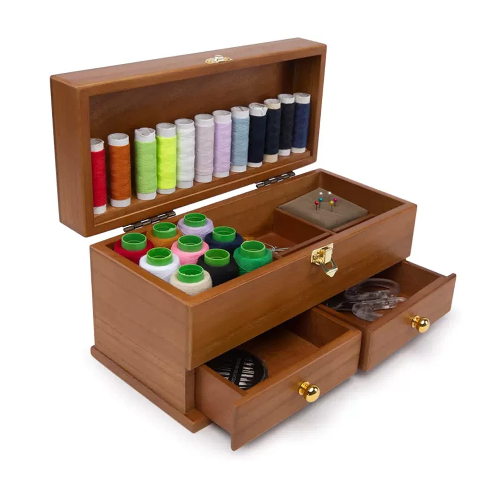 Drewniane pudełko do szycia, drewniane pudełko do przechowywania, 2-poziomowe etui do przechowywania nici igłowych, z 2 szufladami i łatwym uchwytem do przenoszenia, używane do przechowywania igieł i