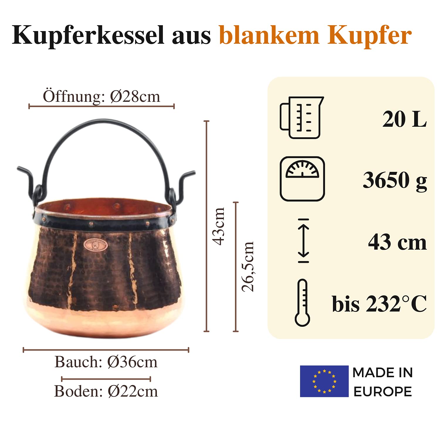 Chaudron en cuivre artisanal de 20 litres - 'CopperGarden®'