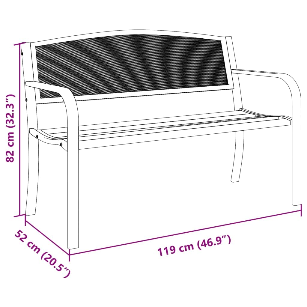 Czarna stalowa ławka ogrodowa 119 cm z perforowanym oparciem, wytrzymała ławka ogrodowa na patio i podwórko, nowoczesny design i trwały materiał z powłoką