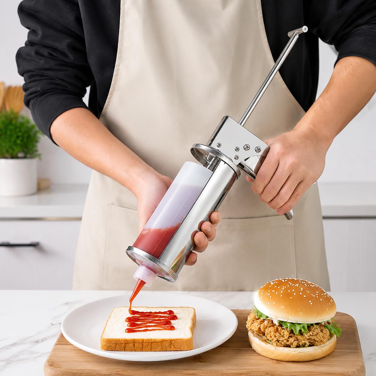 Pistola de salsa para hamburguesas, dispensador de condimentos de acero