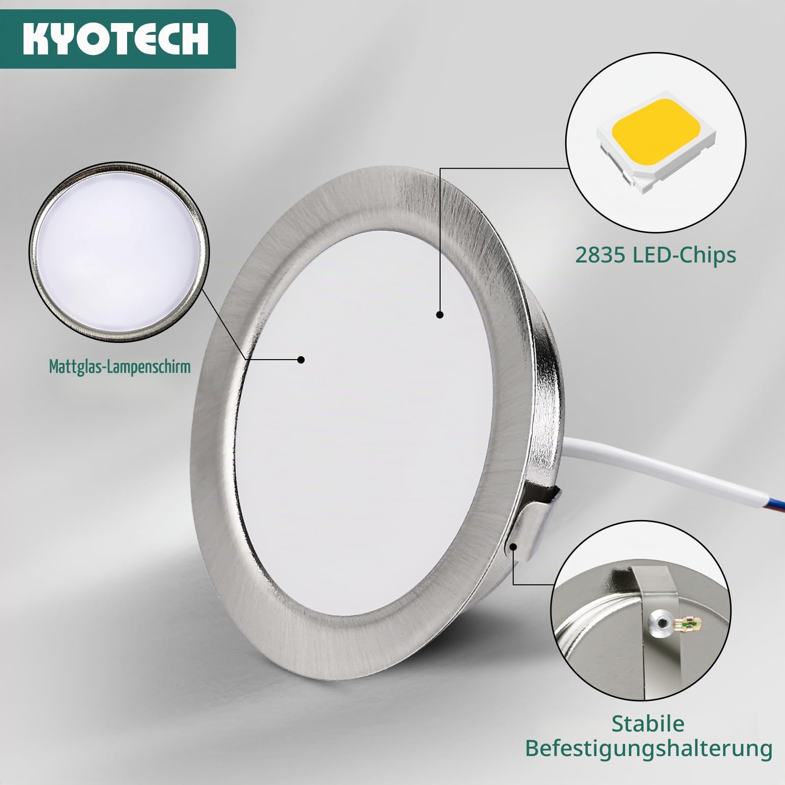 KYOTECH LED Einbaustrahler 230V Dimmbar IP44 3000K Einbauspots 55-58mm | 3W 300LM Möbeleinbauleuchte Warmweiß LED Spot Ultra Flach 15mm für Spiegelschrank 6er Nickel