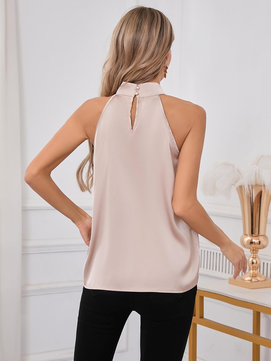 SweatyRocks Womens Elegant Twist Front Halter Sleeveless Satin Blouse Keyhole Back Tank Top - Image 2