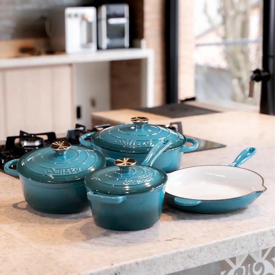 Kit Jogo Panelas Esmaltadas Antiaderente Ferro Fundido Chama e Indução Com Inmetro Estilo Creuset (Verde Água)