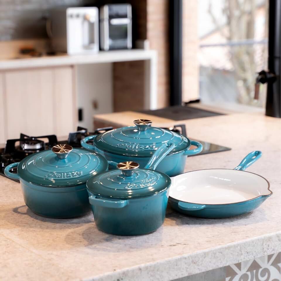 Kit Jogo Panelas Esmaltadas Antiaderente Ferro Fundido Chama e Indução Com Inmetro Estilo Creuset (Verde Água)