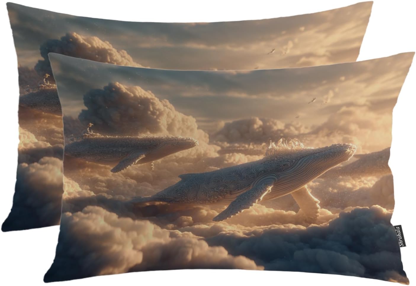 Shrahala Whales Clouds Golden Hour Pillowcases, Whales Swim in Clouds Lumbar Pillow Cover Decorative Blended Double-Sided No Inserts for Bedroom Sofa Living Room Set of 2 (26 x 20 in)