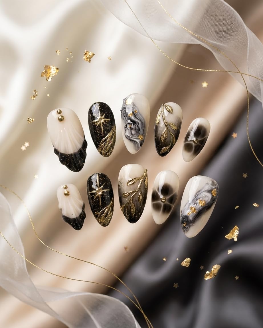 Celestial night Star Nail | 3D Shell Texture with Gold Stud Accents | Handmade, Unbreakable DIY Manicure Kit | Reusable False Nail Extensions with Glue Tabs | Press on Nails-image-25