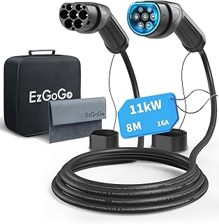 EzGoGo Typ 2 Ladekabel, 11 kW / 16A / 3-Phasig / 8 Meter/Modus 3, Typ 2 EV Ladekabel für Elektroauto mit Tragetasche und Mikrofasertuch