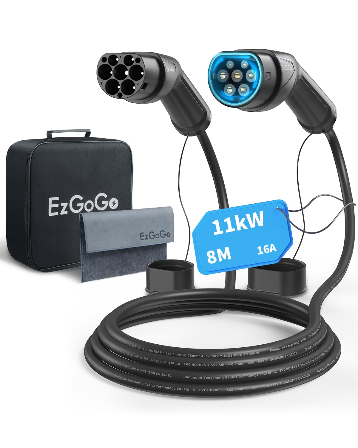 EzGoGo Typ 2 Ladekabel, 11 kW / 16A / 3-Phasig / 8 Meter/Modus 3, Typ 2 EV Ladekabel für Elektroauto mit Tragetasche und Mikrofasertuch
