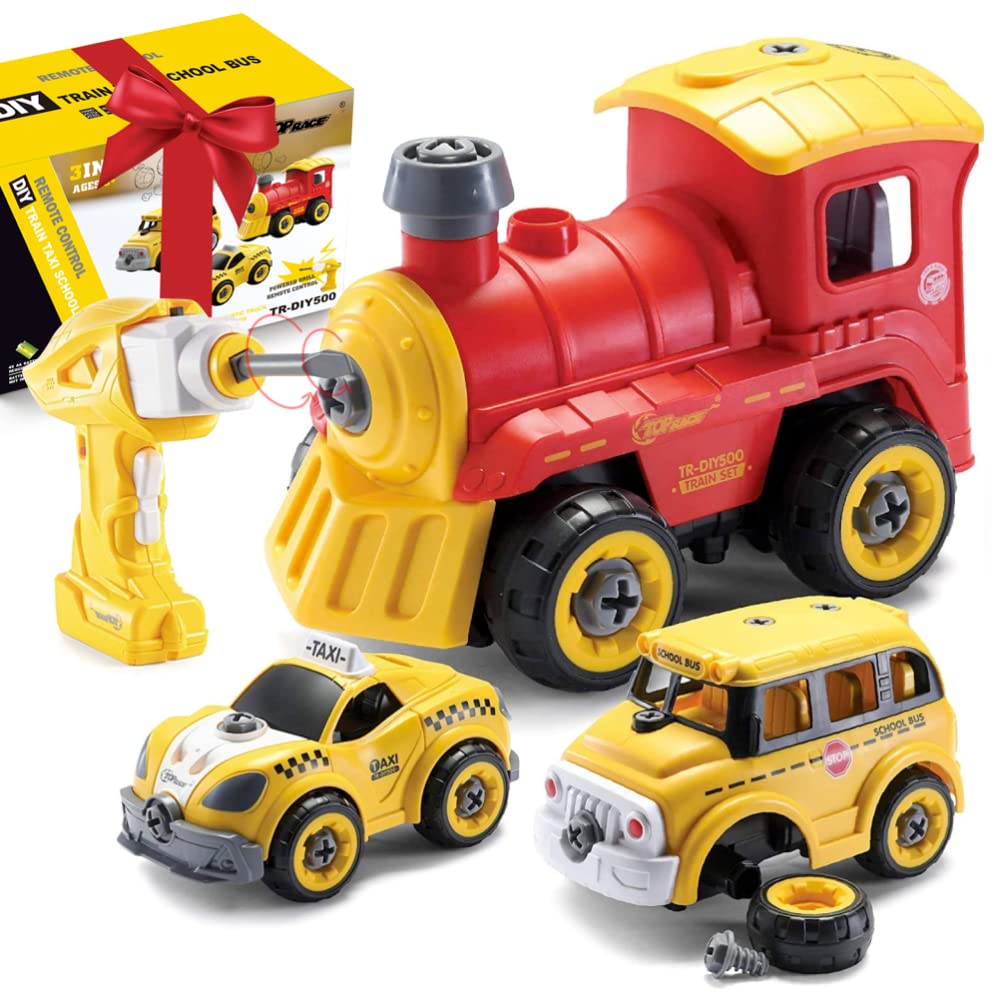 Toy Trucks | Take Apart Toys with Electric Drill | Converts to Remote Control Car | 3 in 1 School Bus, Taxi, Train Take Apart Toys Children | STEM