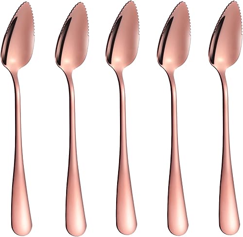 Juego de 5 cucharas de pomelo, juego de utensilios de cuchara de pomelo de acero inoxidable, borde dentado y mango de calibre grueso, herramienta de
