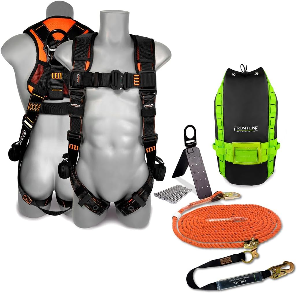 Frontline RK110V50 Combat™ Premium Complete Roofers Kit | Includes Combat Harness, Roof Anchor & Vertical Lifeline with Rope Grab | Safety Orange Visibility | Universal Fit | ANSI & OSHA Compliant