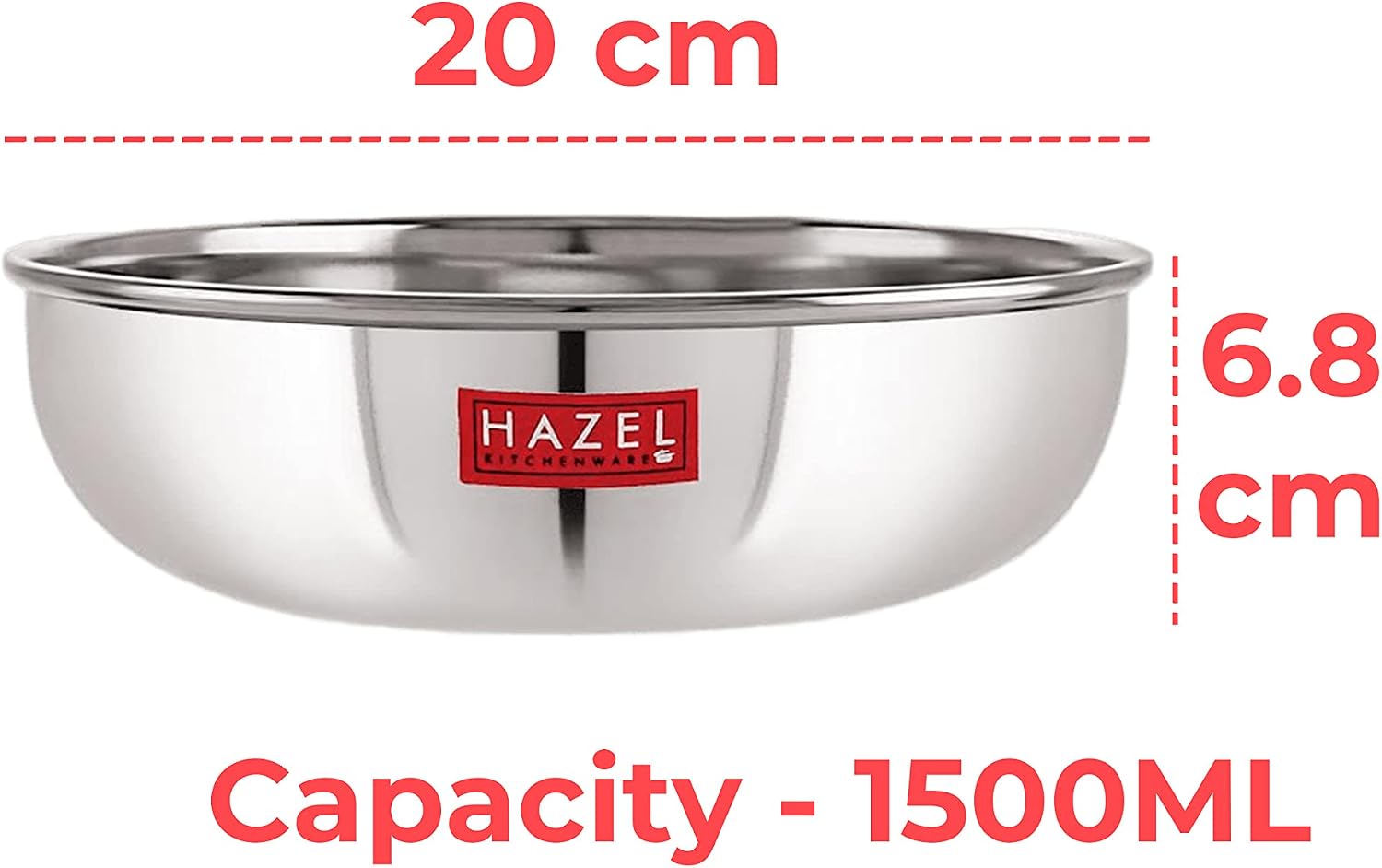 HAZEL Alfa 18 Gauge Premium Stainless Steel Kadai Tasra with Lid, 1500 ml, Silver