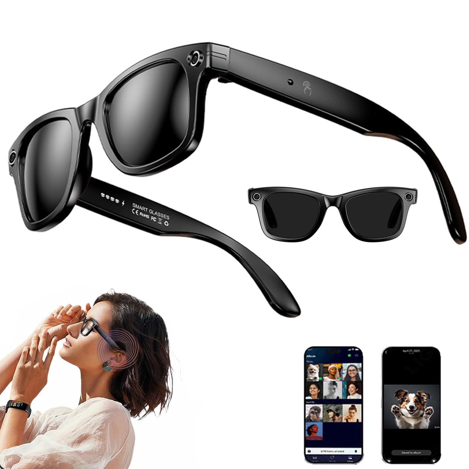 Lunettes connectées, Lunettes connectées avec caméra, étanches IP65 | Appels Bluetooth | Lecture de Musique | Reconnaissance d'images | Photo | Vidéo | Enregistrement(Parent,A)