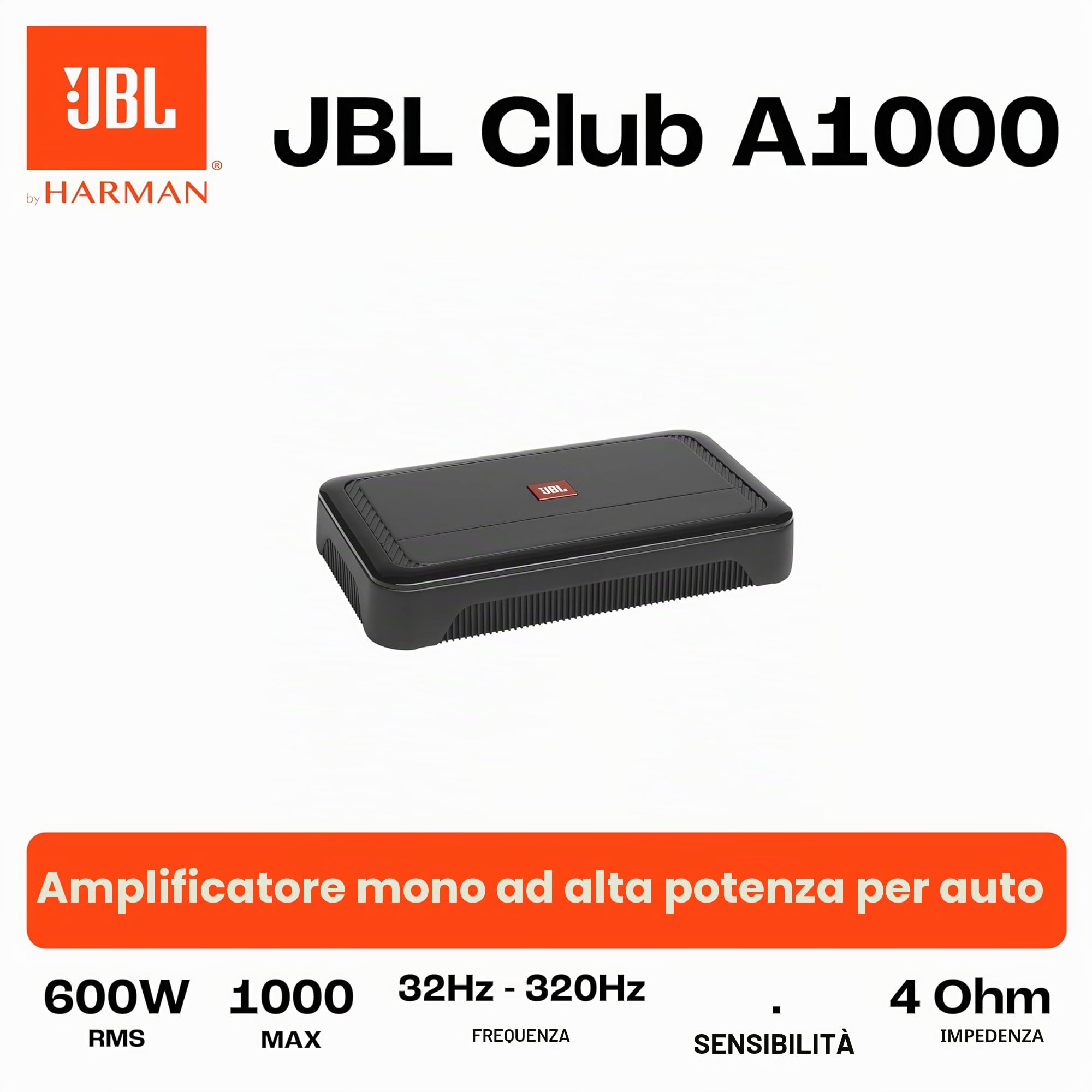 JBL Club A1000 Amplificatore Mono Subwoofer con 600W RMS a 4Ω, 1000W RMS a 2Ω, tecnologia Class D, risposta 10–320Hz, filtro LP variabile, bass boost e telecomando cablato incluso per audio potente